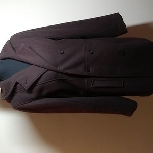Brown, heavy pea coat with hoodie.  Fully lined with outside slit pockets.